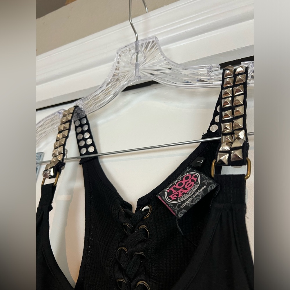 TOO FAST by Cirque Couture black studded shirt with skeleton and lace up back - Picture 2 of 3